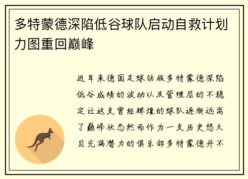 多特蒙德深陷低谷球队启动自救计划力图重回巅峰
