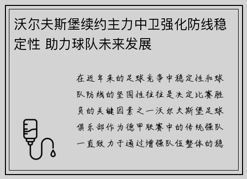 沃尔夫斯堡续约主力中卫强化防线稳定性 助力球队未来发展
