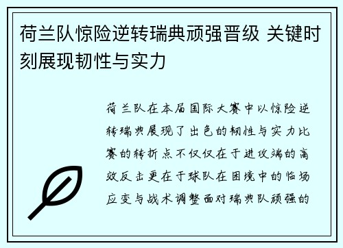 荷兰队惊险逆转瑞典顽强晋级 关键时刻展现韧性与实力